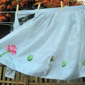 VTG 60's Steel Blue/Grey Taffeta Fancy Hostess Apron Flower Hem w/ Rhinestones